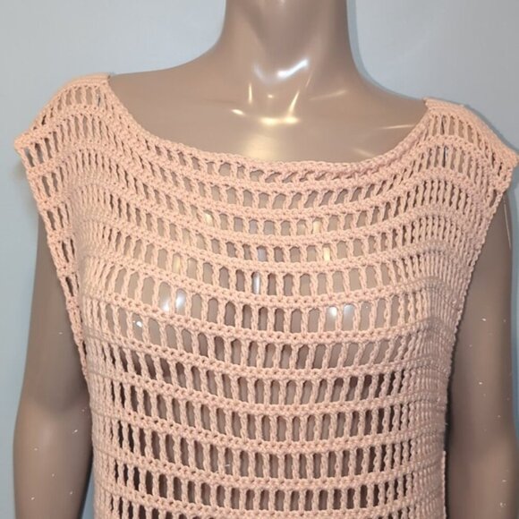 3/$20 Peach Crochet Shell Dress Beach Swim Cover Up Cap Sleeve Sheath Boat Neck - Picture 2 of 11